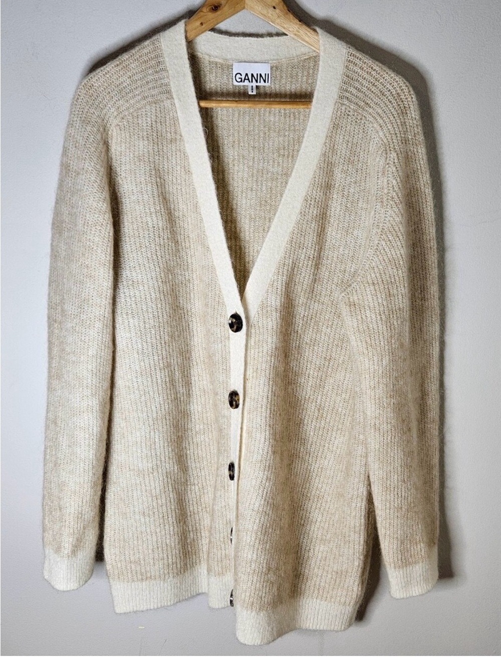 Ganni Mohair Cardigan Sweater Tan Cream Oversized V Neck Women's L